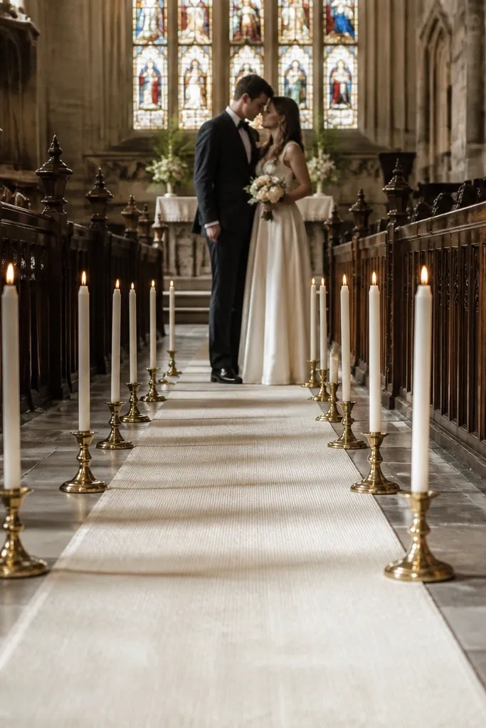 Small brass candle holders lining a ceremony aisle with white tapers