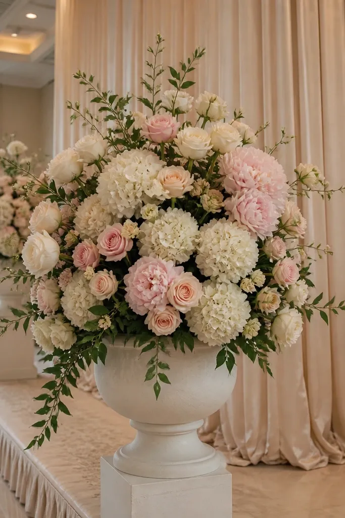 Ivory and blush floral pedestal arrangements on white columns