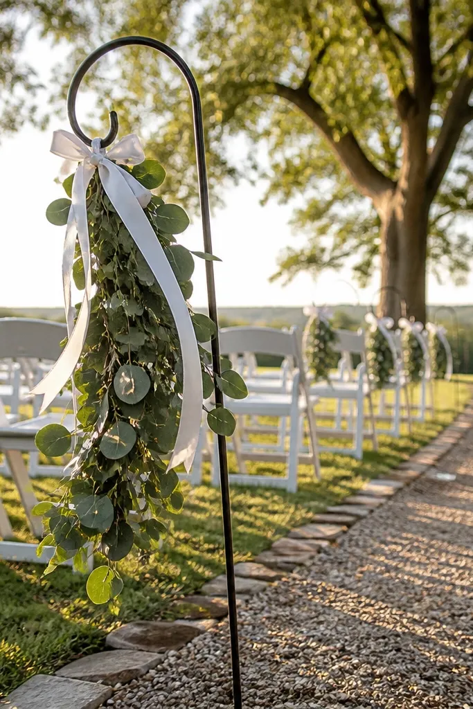 Greenery on shepherd hooks with white ribbon at the ceremony entrance