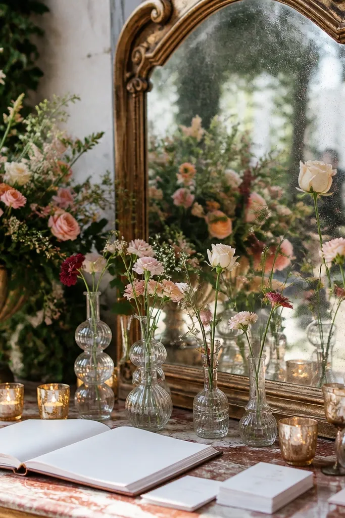 Vintage mirror welcome table with stacked bud vases and greenery
