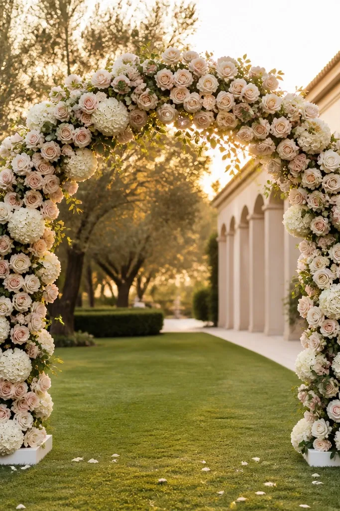 Blush rose and white hydrangea arch on a weighted base