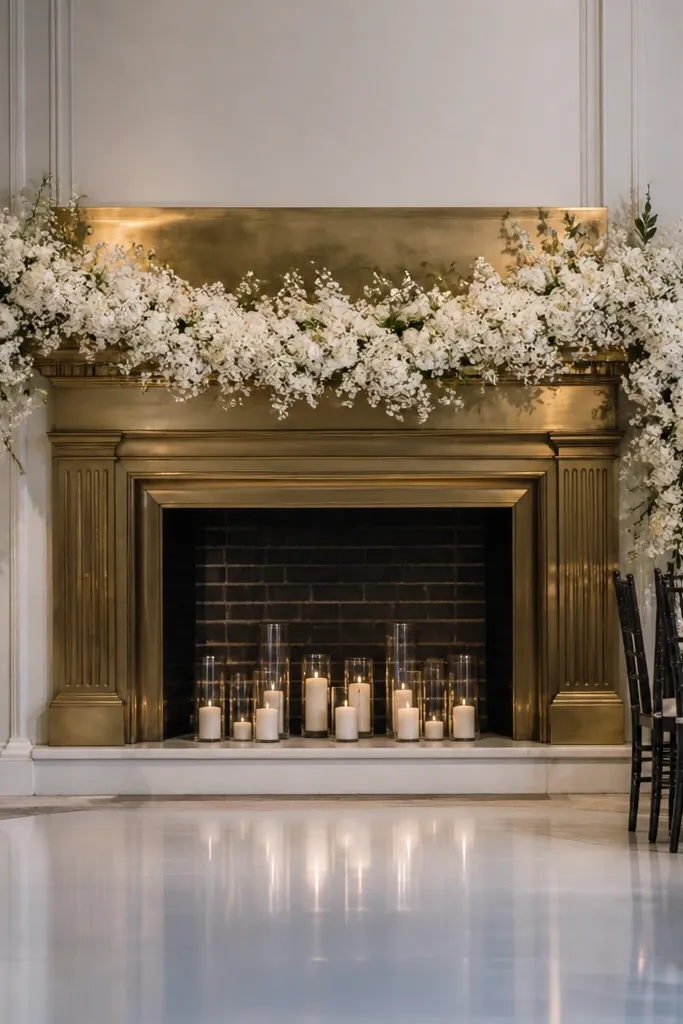 White garland mantle with brass accents behind the reception stage