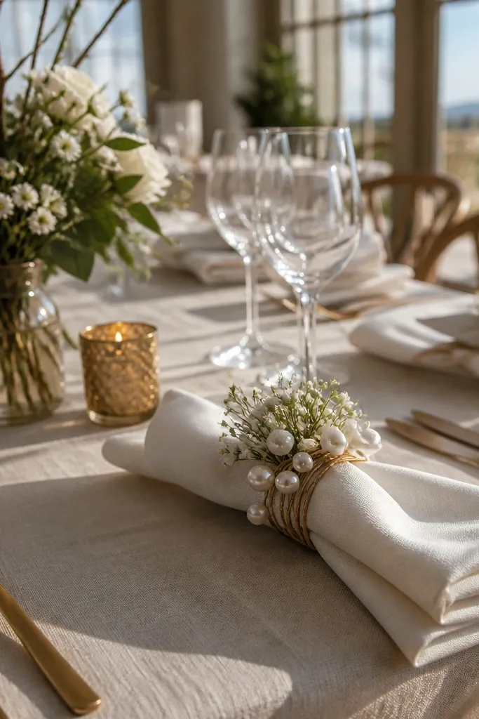 White floral napkin rings with small pearl details on linen