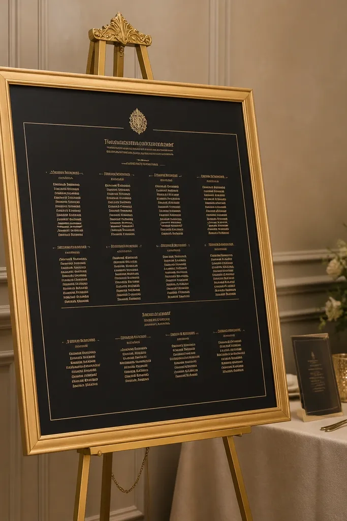 Seating chart board with black text on cream paper in a gold frame