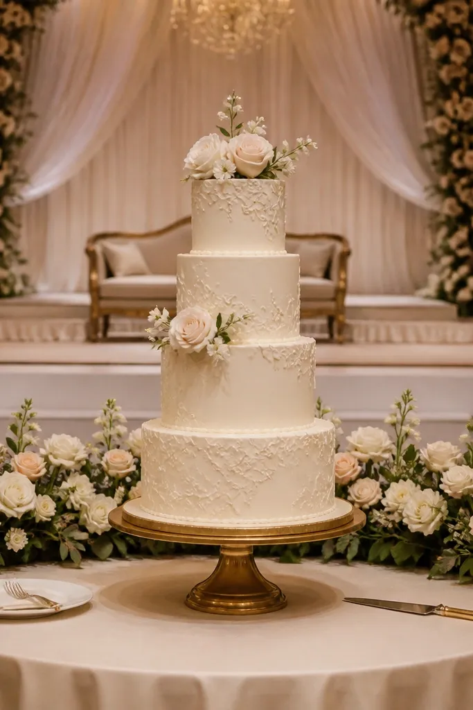Ivory cake table cloth with gold cake stand and a white floral runner