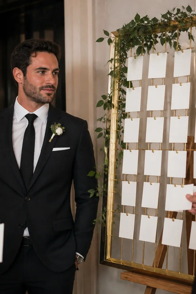 Gold-framed grid escort card display on a freestanding easel