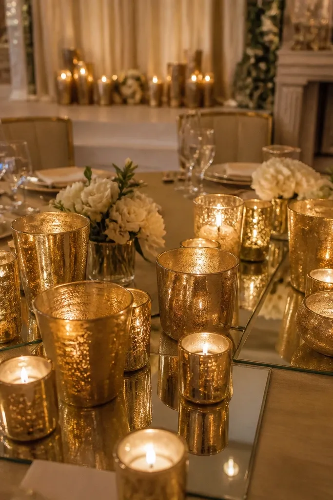 Gold votive candles grouped on mirrored trays for warm reception lighting