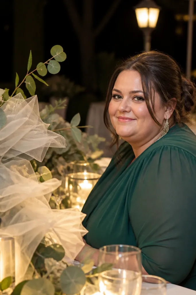 Ivory tulle and greenery centerpiece with lantern-style candle cups