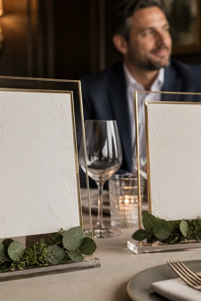 Framed menu cards on clear stands with small greenery bases