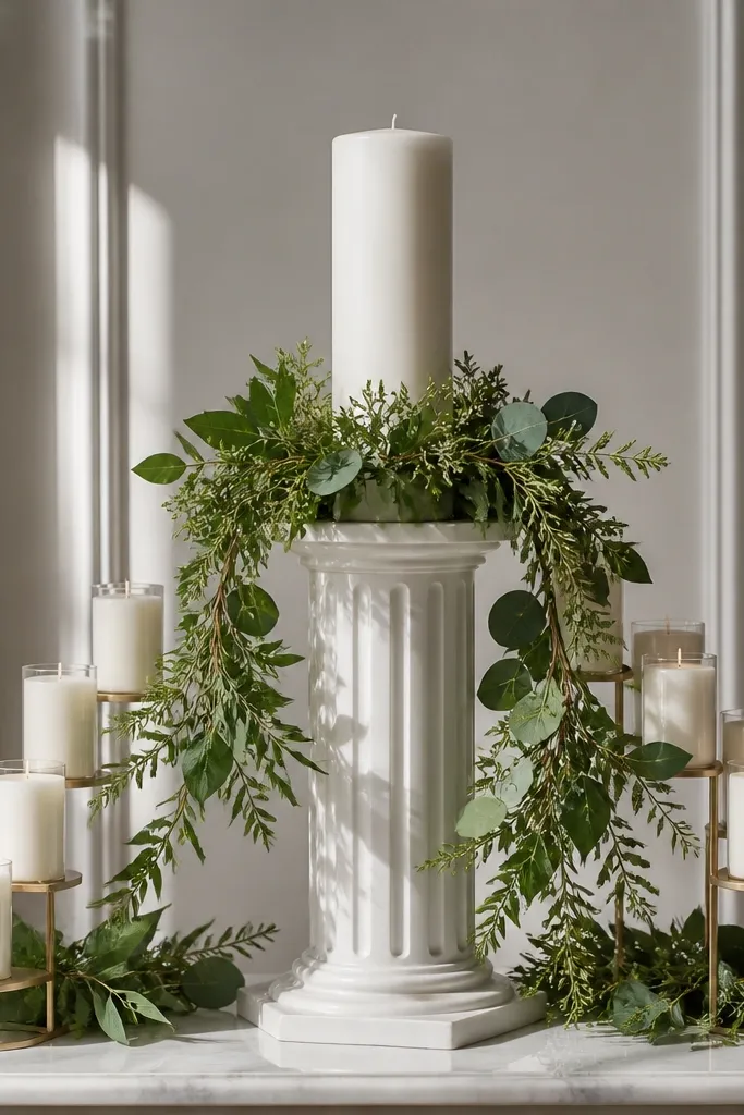 White unity candle pedestal with greenery and a ladder of candles