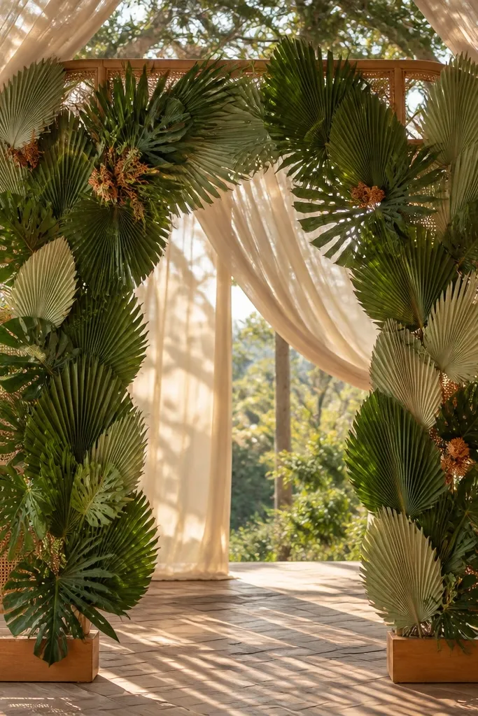 Green leaf panels on a wedding arch with visible gaps