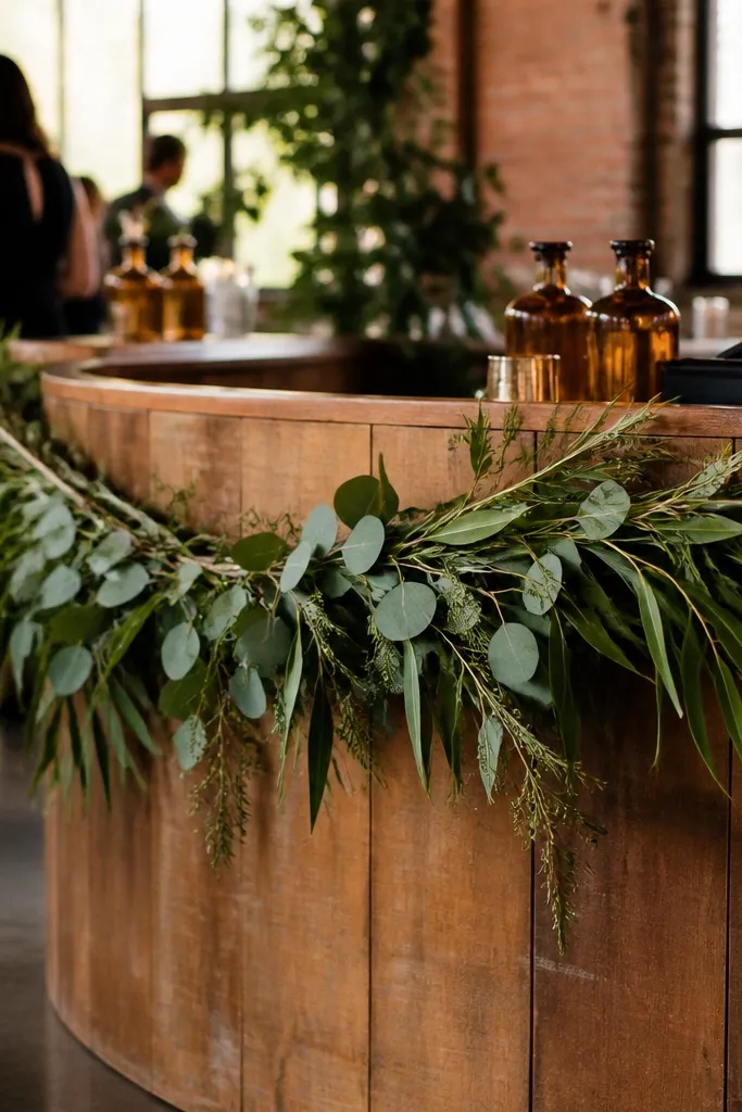 Green leaf garland draped along a bar front