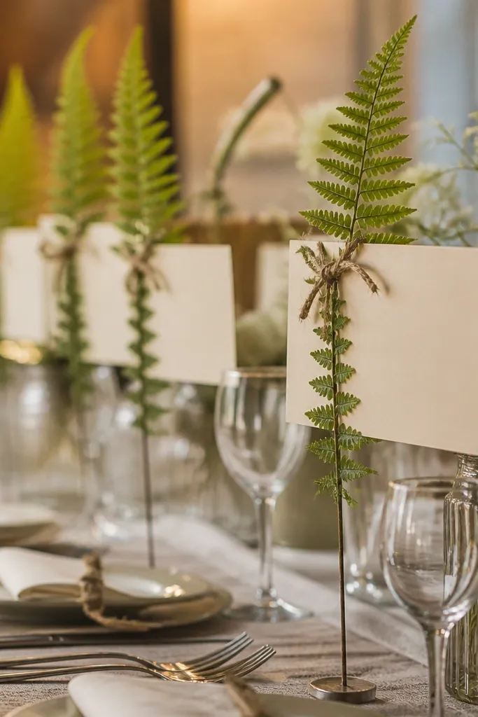 Place cards attached to small fern-like leaf stakes