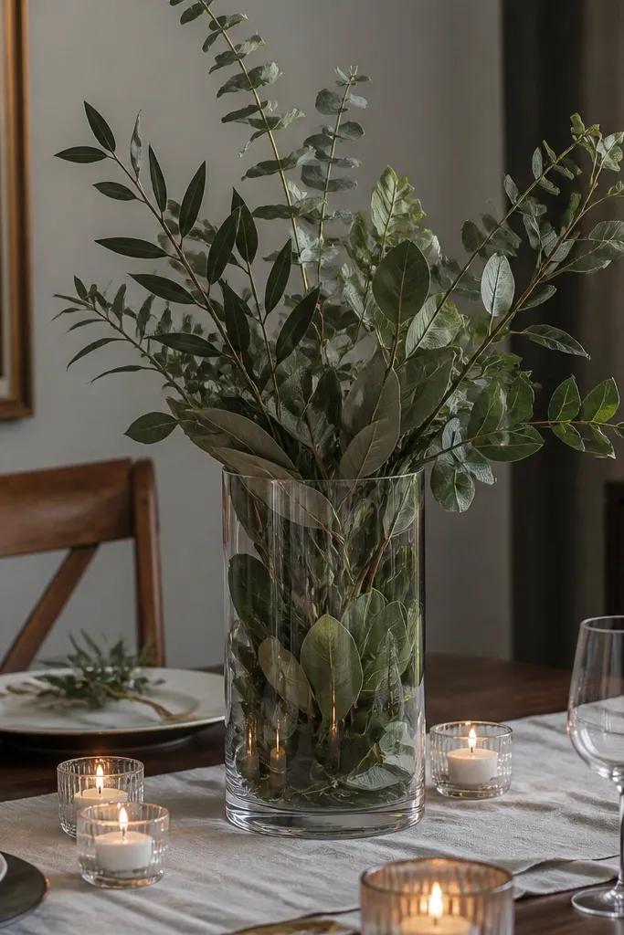 Clear vase filled with leaf clusters and light stems