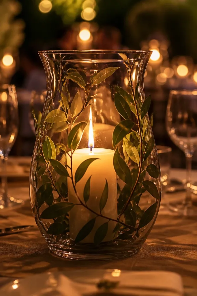 Hurricane candle surrounded by matte green leaves