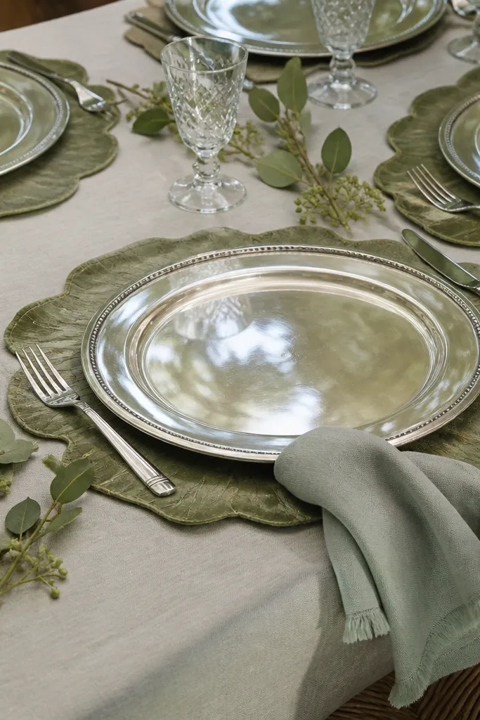 Leaf-toned placemats with small sprigs placed beside plates
