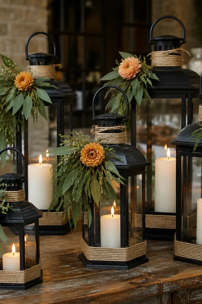 Lanterns tied with leaf bundles and one warm flower accent