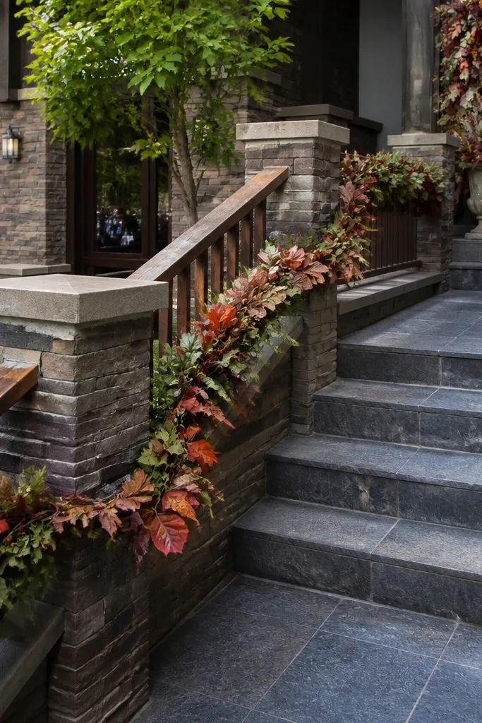 Leaf garland draped along stairs with spaced clusters