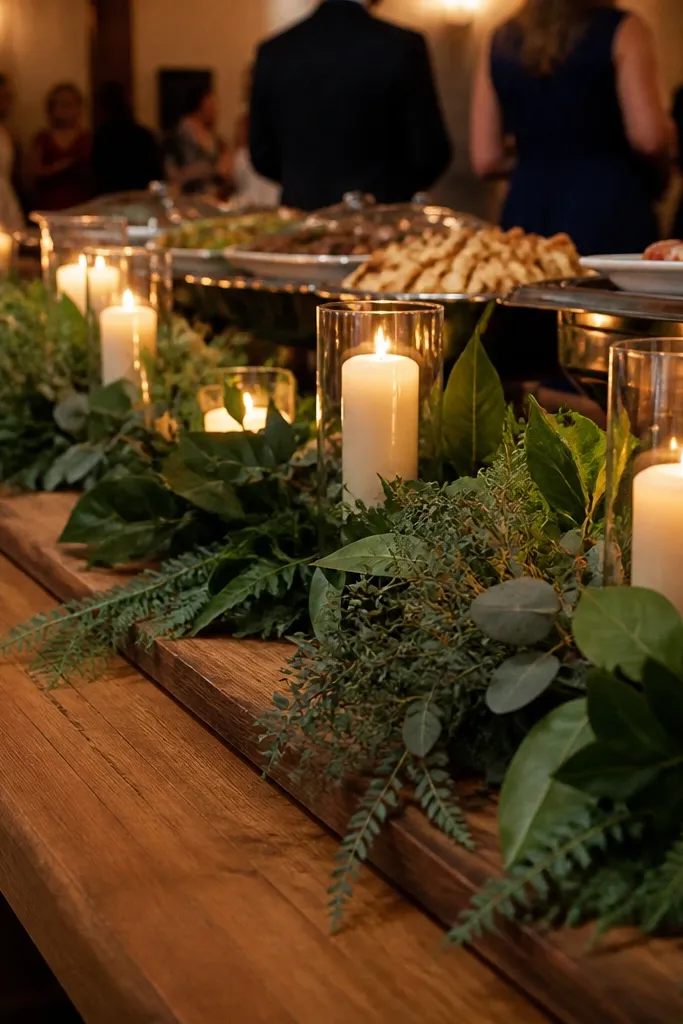 Low wooden plank with leaf clusters and candles