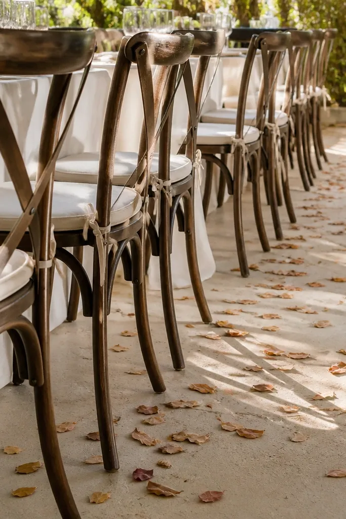 Small leaf confetti scattered along seating rows on a neutral runner