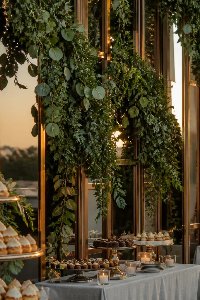 Leaf garland draped on a mirror behind buffet with loose ends