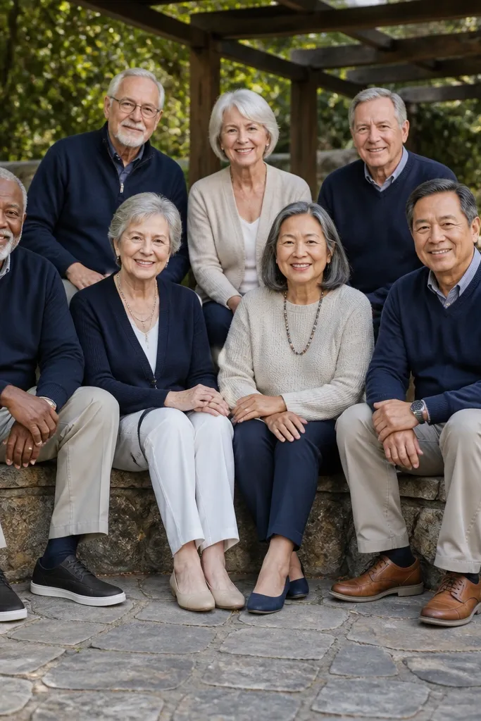 Family group with grandparents centered on a stone walkway in soft shade