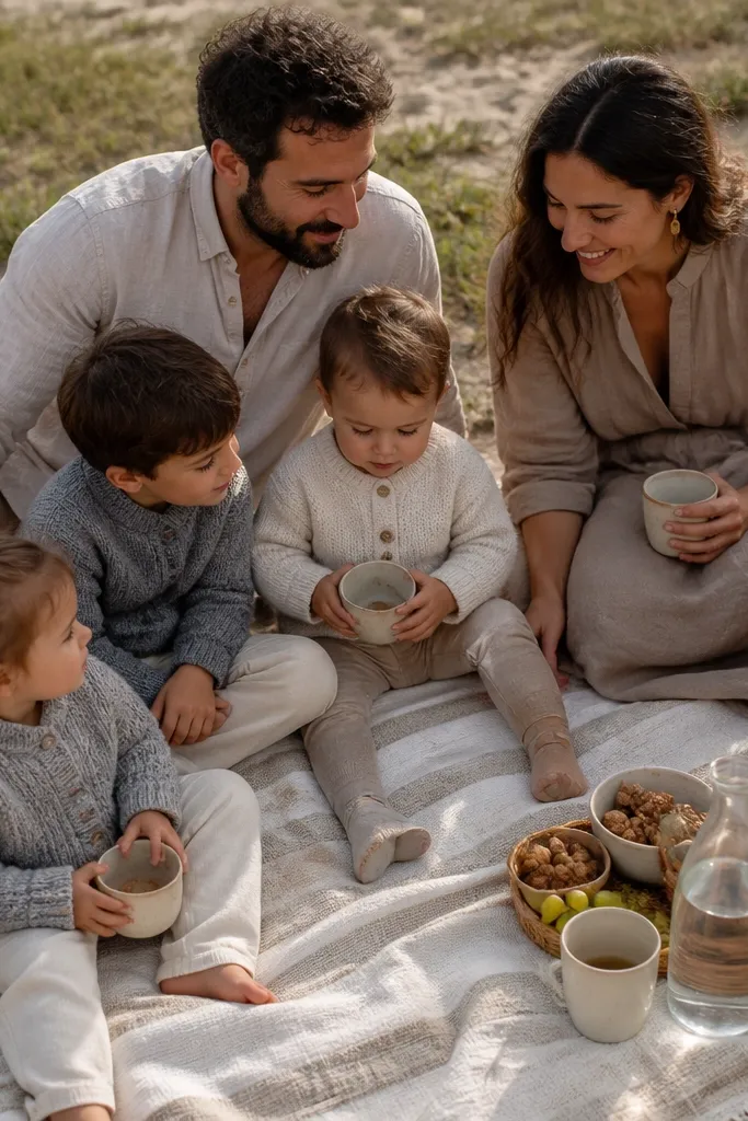 Family sitting on a picnic blanket outdoors with neutral clothing tones