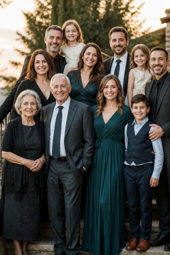 Family posed on outdoor stairs in staggered rows with hands relaxed