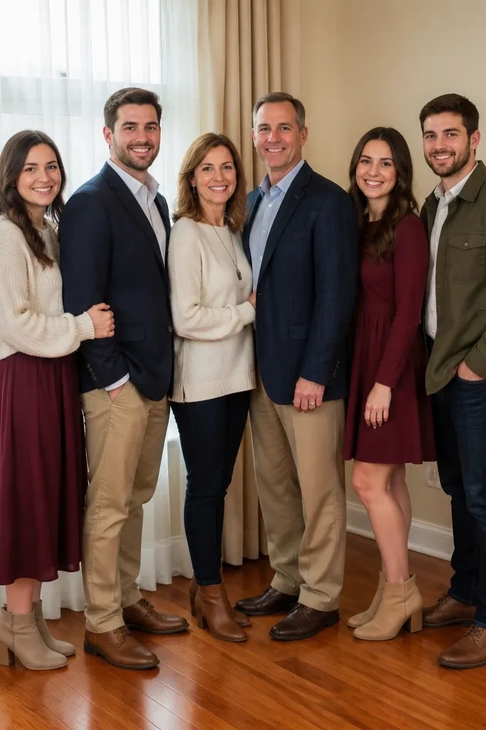 Family standing near a window in soft indoor light, faces evenly lit