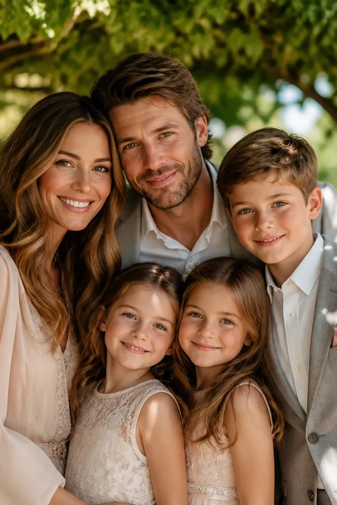 Family standing under a garden arbor with gentle dappled light on faces