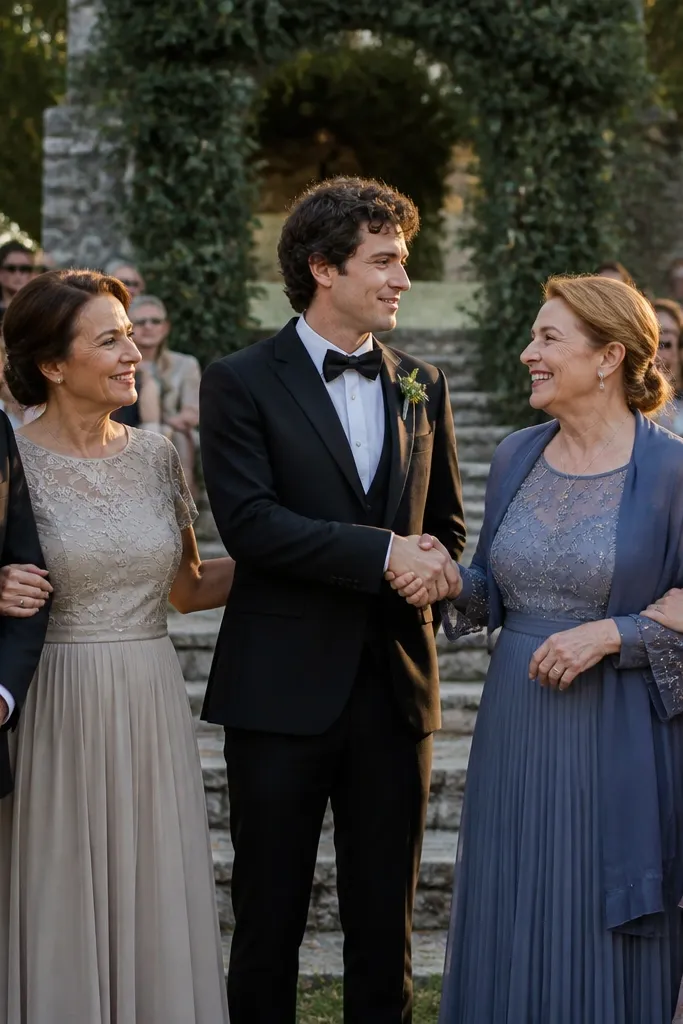 Family grouped near ceremony entrance with hands linked and faces turned to camera