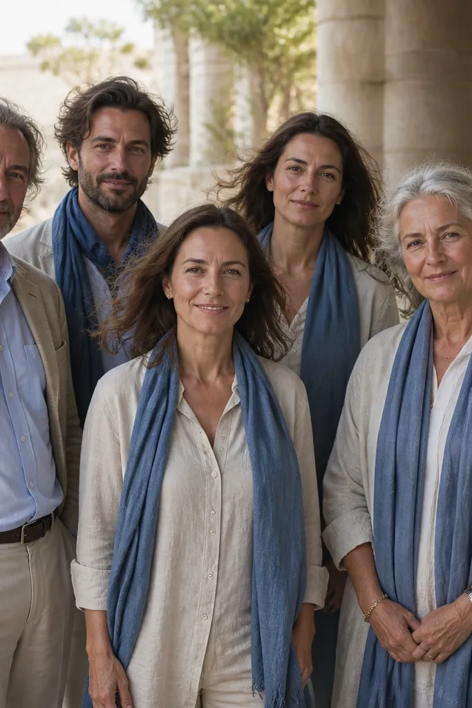 Family standing in open shade with gentle wind movement and relaxed smiles
