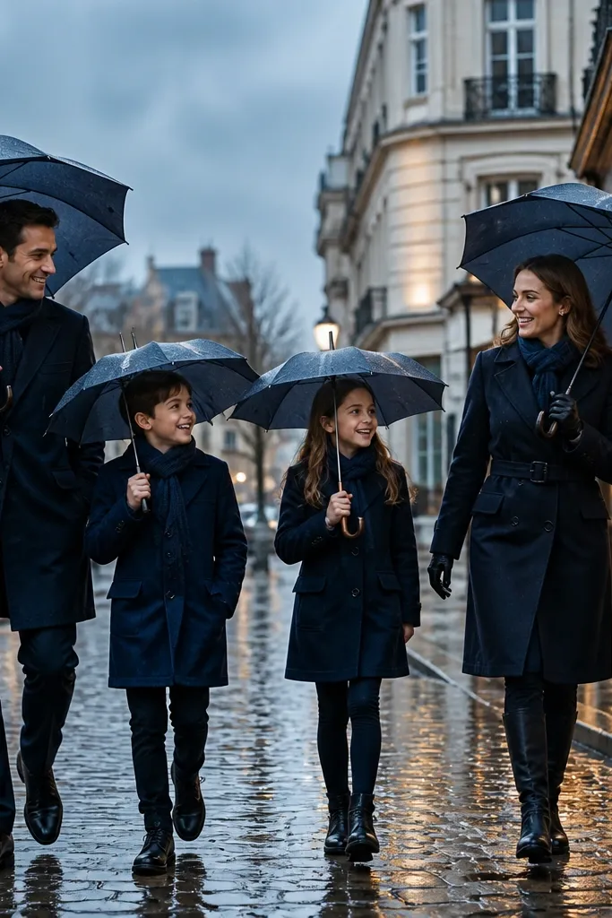 Family holding umbrellas outdoors in rainy weather with coordinated colors