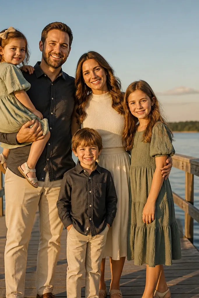 Family posed on a dock with a clear horizon behind them