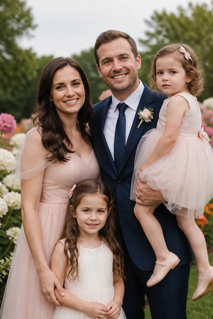 Family standing in a flower border with soft colorful background behind them