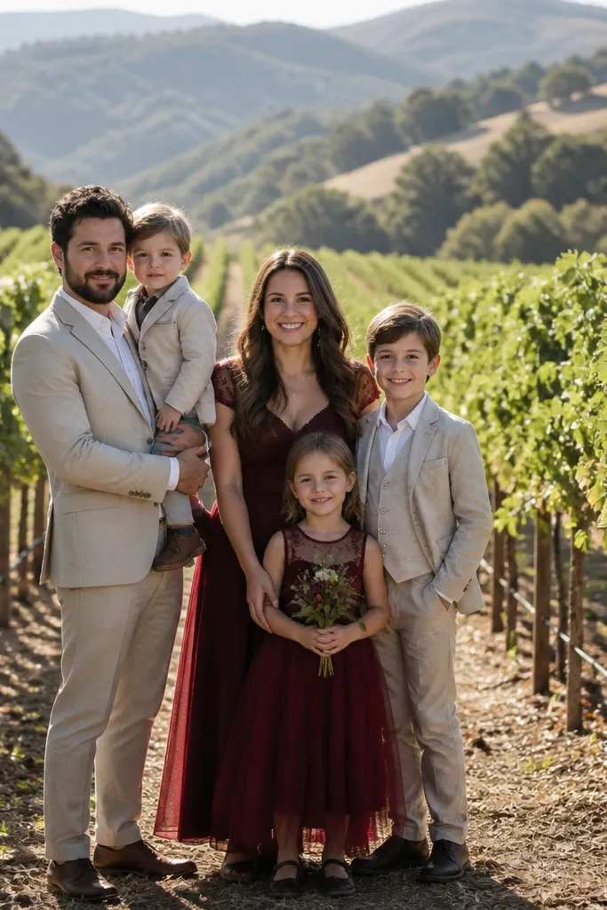 Family posed in a vineyard row with grape leaves forming neat lines