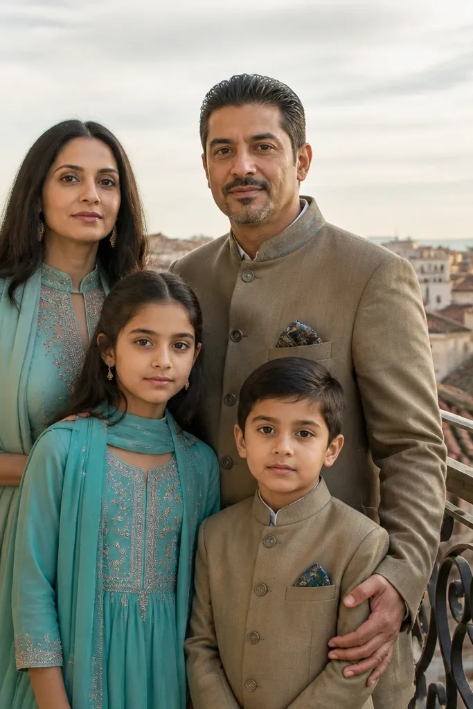 Family posed on a balcony with layered depth behind them