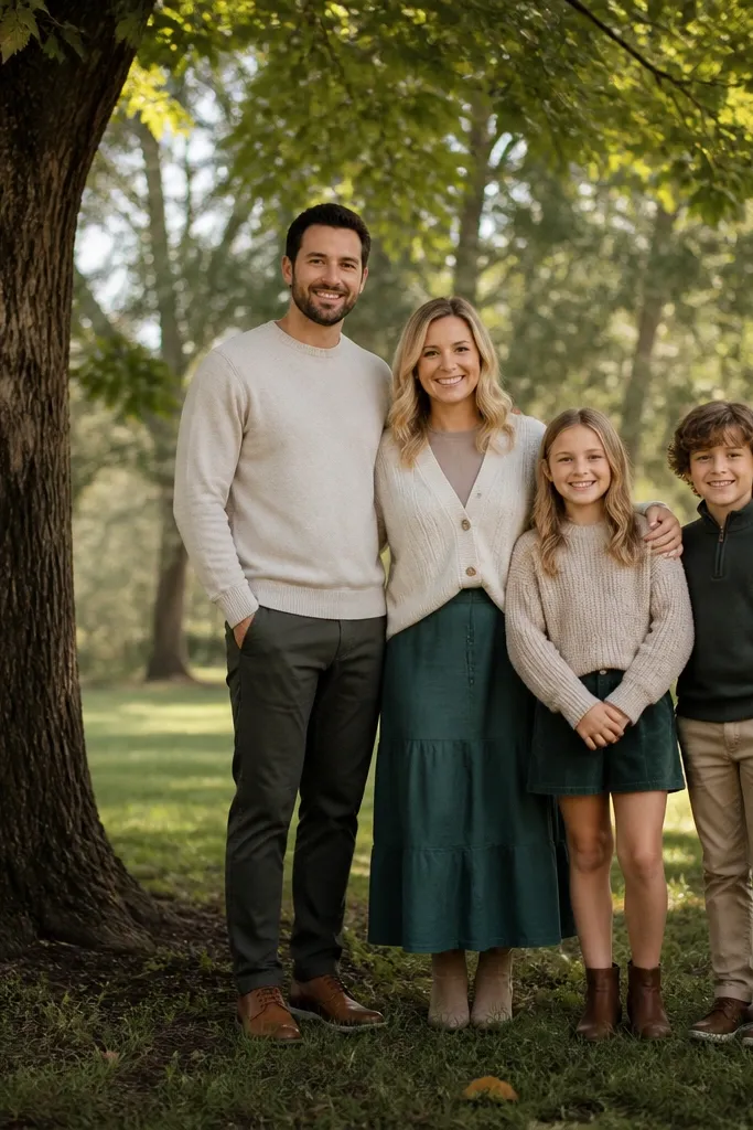 Family posed in a park with one tall tree behind them and soft background
