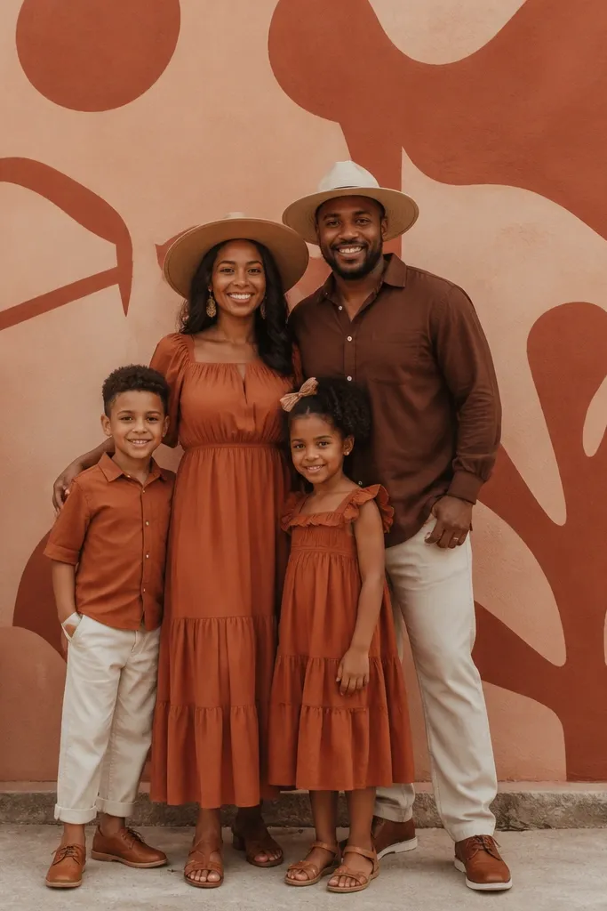 Family posed in front of a one-color mural wall with clean spacing