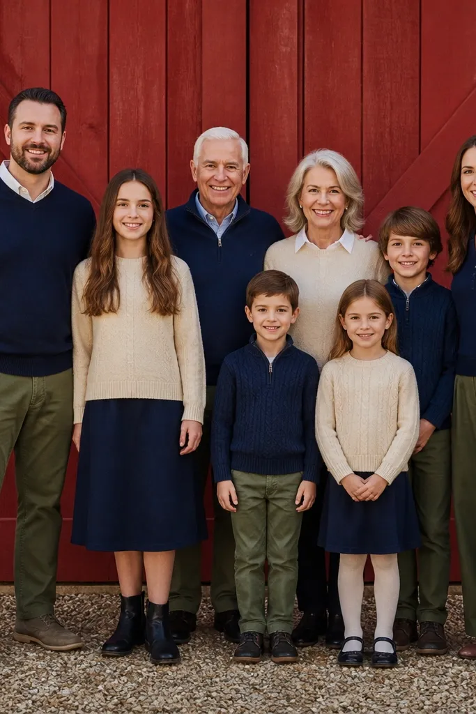 Family stands in front of a red barn door with coordinated colors
