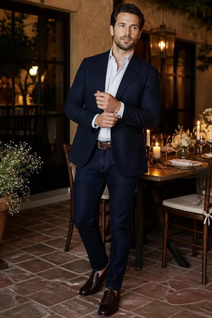 Navy blazer with a white textured shirt, dark indigo jeans, and brown boots