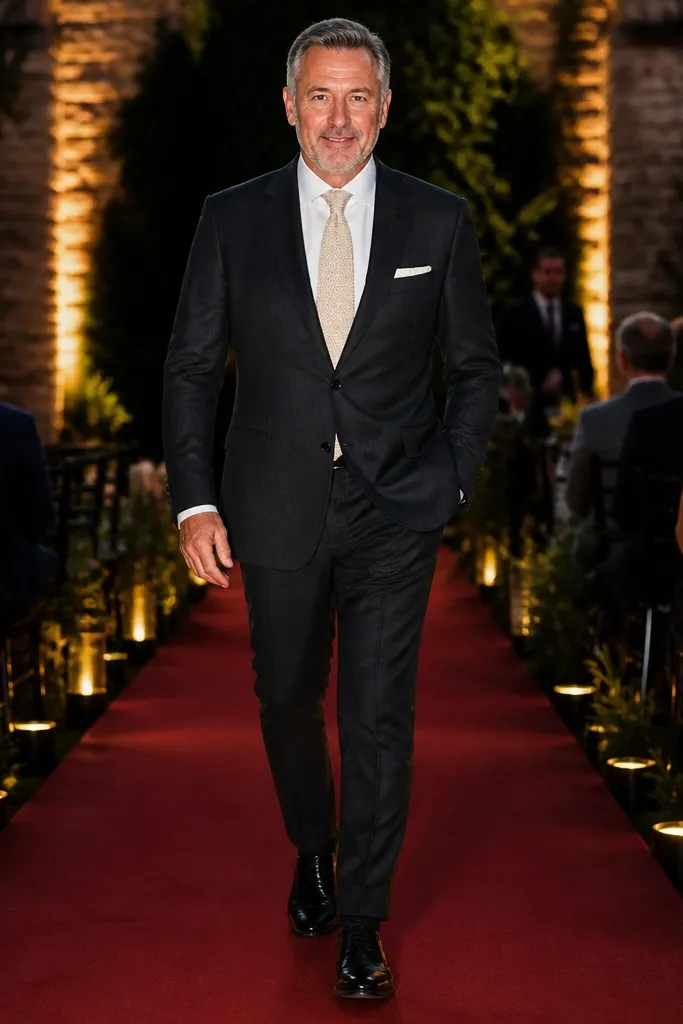 Charcoal suit with a cream knit tie and black leather oxfords