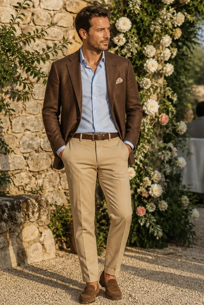 Chocolate brown blazer with pale blue shirt and tan chinos