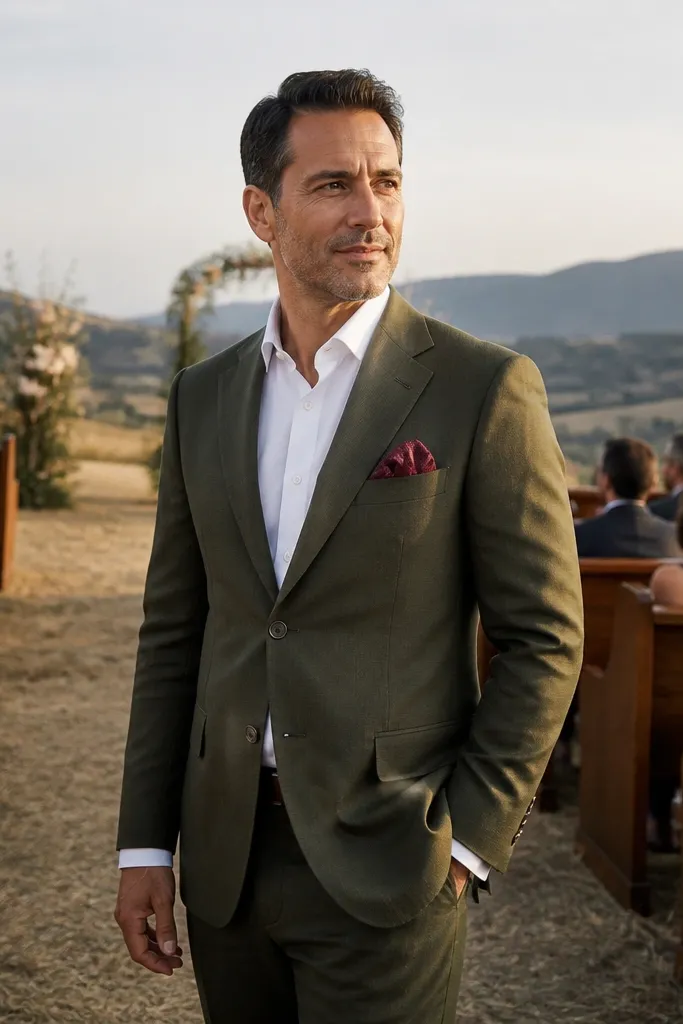 Olive suit with white shirt and burgundy pocket square