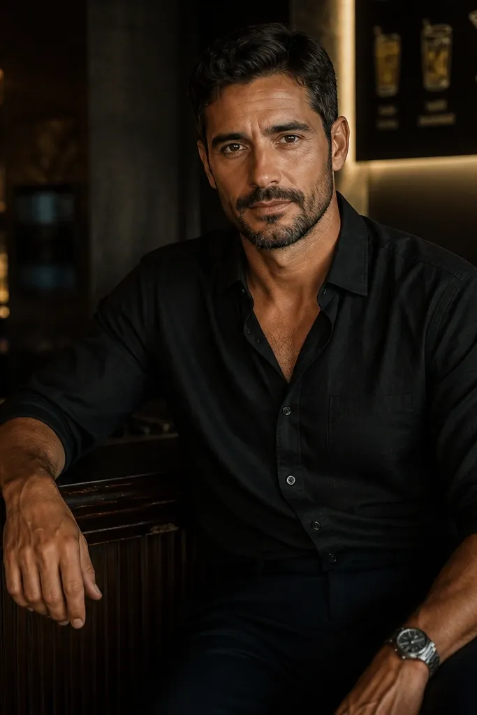 Black linen shirt with midnight trousers and silver wristwatch
