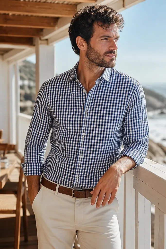 Blue gingham shirt with cream chinos and brown belt