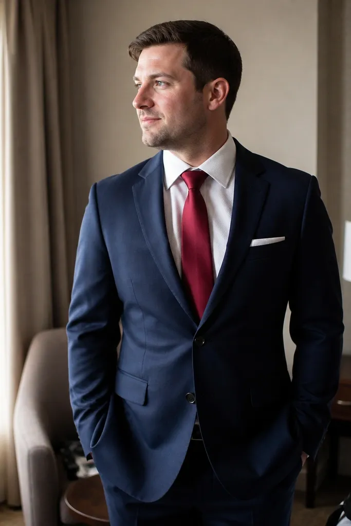 Navy suit with textured white shirt and red silk tie