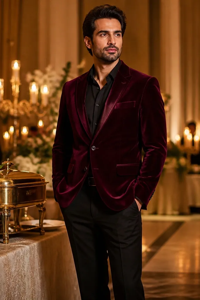 Burgundy velvet blazer with black shirt and black trousers