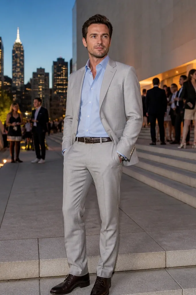 Light gray suit with sky-blue shirt and no tie