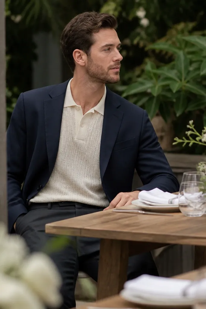 Cream knit polo with navy blazer and dark chinos